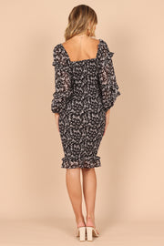 Petal and Pup USA DRESSES Bonita Shirred Frill Long Sleeve Bodycon Midi Dress - Black Floral