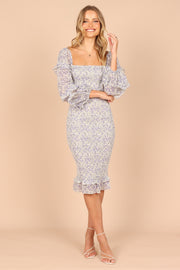 Bonita Shirred Frill Long Sleeve Bodycon Midi Dress - Blue Floral - Petal &  Pup USA