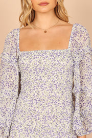 Petal and Pup USA DRESSES Bonita Shirred Frill Long Sleeve Bodycon Midi Dress - Blue Floral