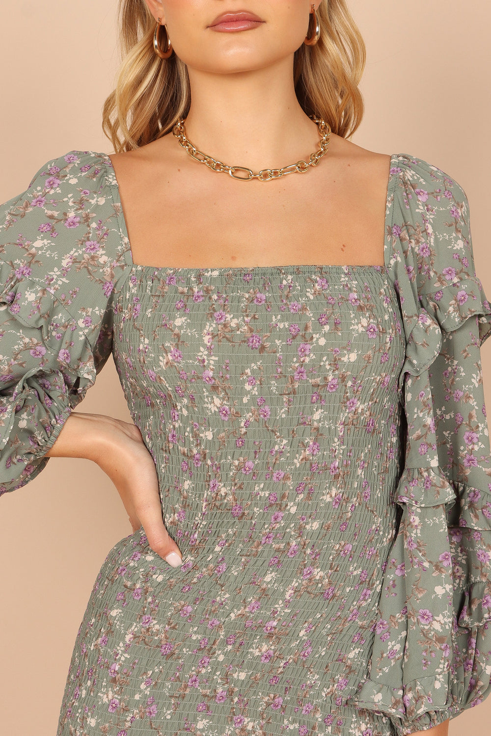 Petal and Pup USA DRESSES Bonita Shirred Frill Long Sleeve Bodycon Midi Dress - Sage Floral