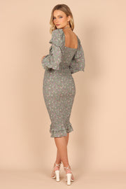 Petal and Pup USA DRESSES Bonita Shirred Frill Long Sleeve Bodycon Midi Dress - Sage Floral