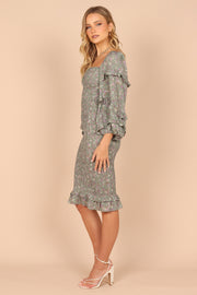 skovl italiensk Integration Bonita Shirred Frill Long Sleeve Bodycon Midi Dress - Sage Floral - Petal &  Pup USA