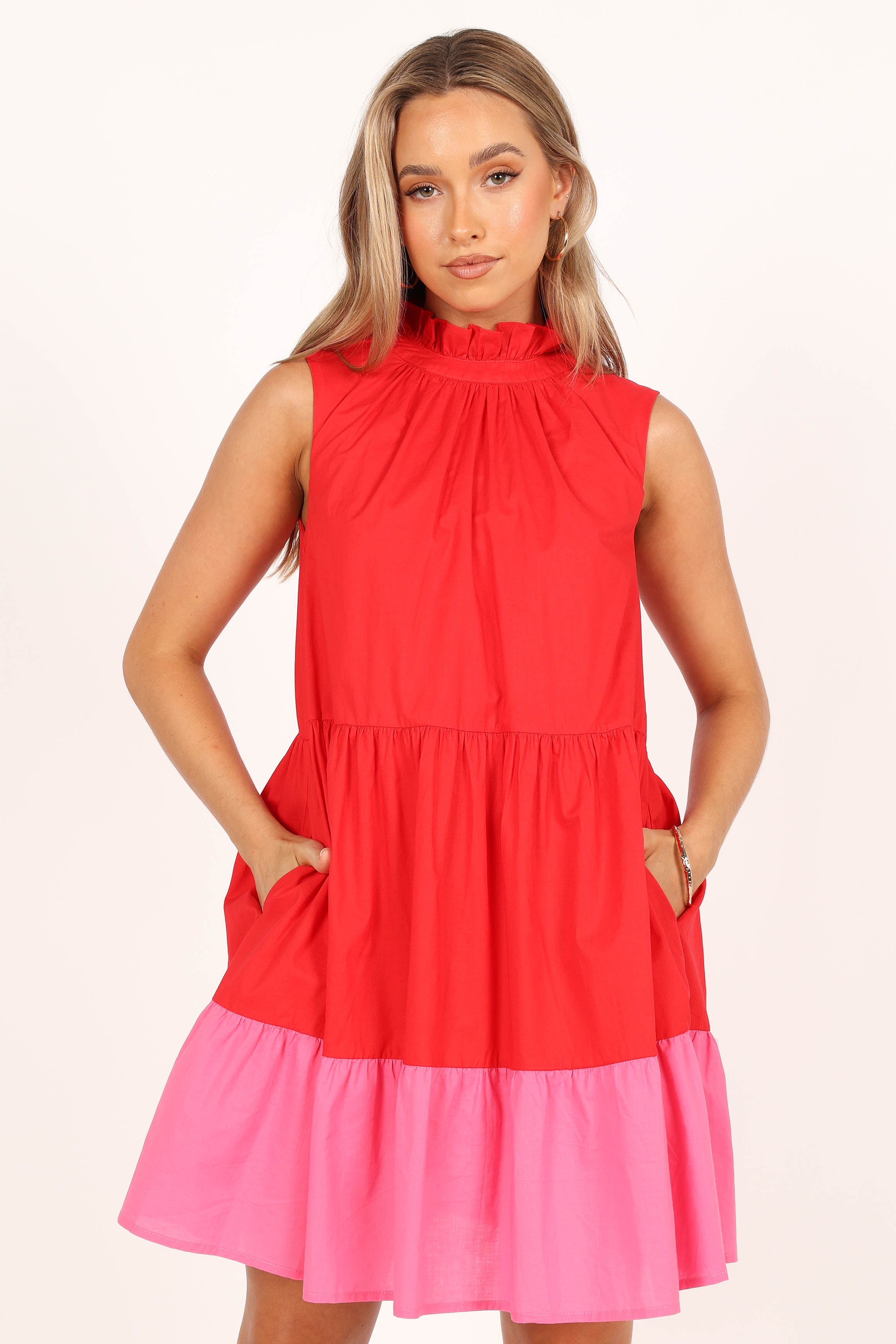 Petal and Pup USA DRESSES Bradshaw Tiered Mini Dress - Red/Pink