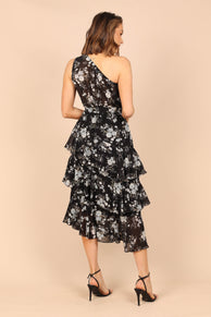 Petal and Pup USA DRESSES Brigette One Shoulder Tiered Maxi Dress - Black Floral
