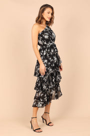 Petal and Pup USA DRESSES Brigette One Shoulder Tiered Maxi Dress - Black Floral