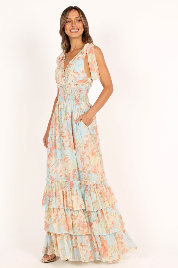 Petal and Pup USA DRESSES Christabel Tiered Maxi Dress - Blue Floral