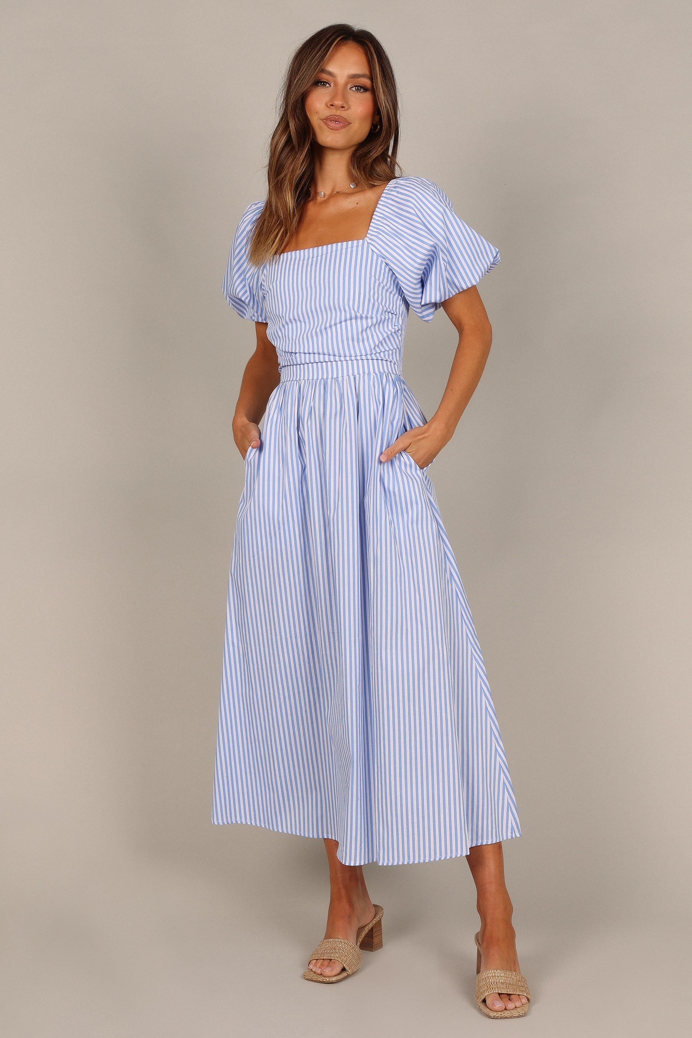 Blue Stripe Puff Sleeve Shift Dress, Dresses
