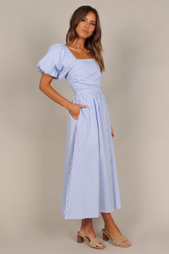 Clo Puff Sleeve Midi Dress - Blue Stripe - Petal & Pup USA