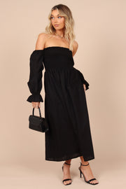 Petal and Pup USA DRESSES Domenica Shirred Long Sleeve Midi Dress - Black