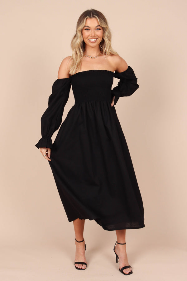 Petal and Pup USA DRESSES Domenica Shirred Long Sleeve Midi Dress - Black