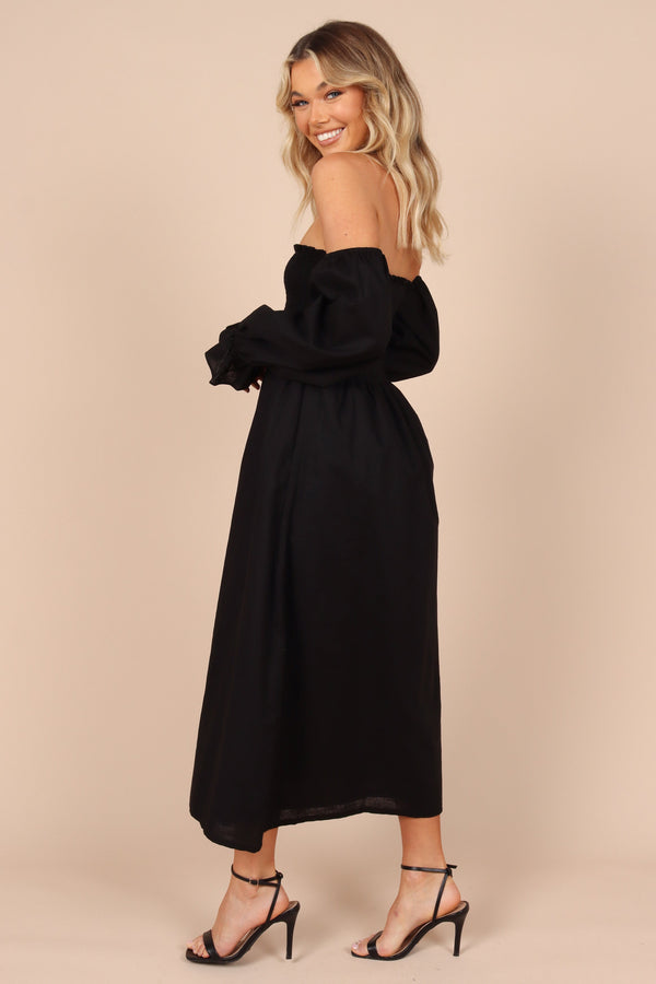 Petal and Pup USA DRESSES Domenica Shirred Long Sleeve Midi Dress - Black