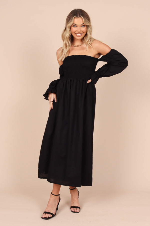 Petal and Pup USA DRESSES Domenica Shirred Long Sleeve Midi Dress - Black