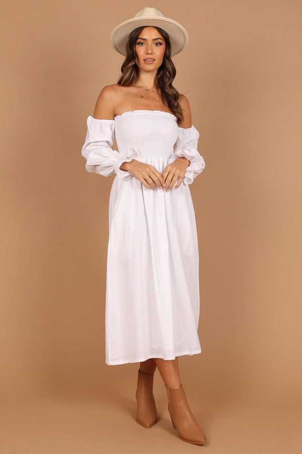 Petal and Pup USA DRESSES Domenica Shirred Long Sleeve Midi Dress - White