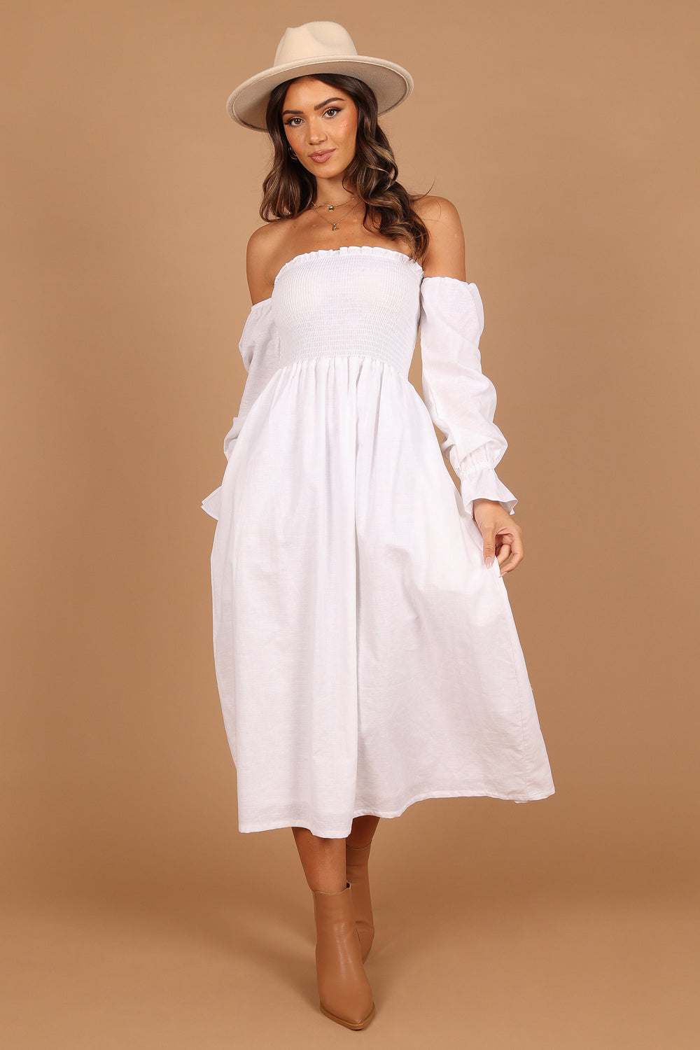 Petal and Pup USA DRESSES Domenica Shirred Long Sleeve Midi Dress - White