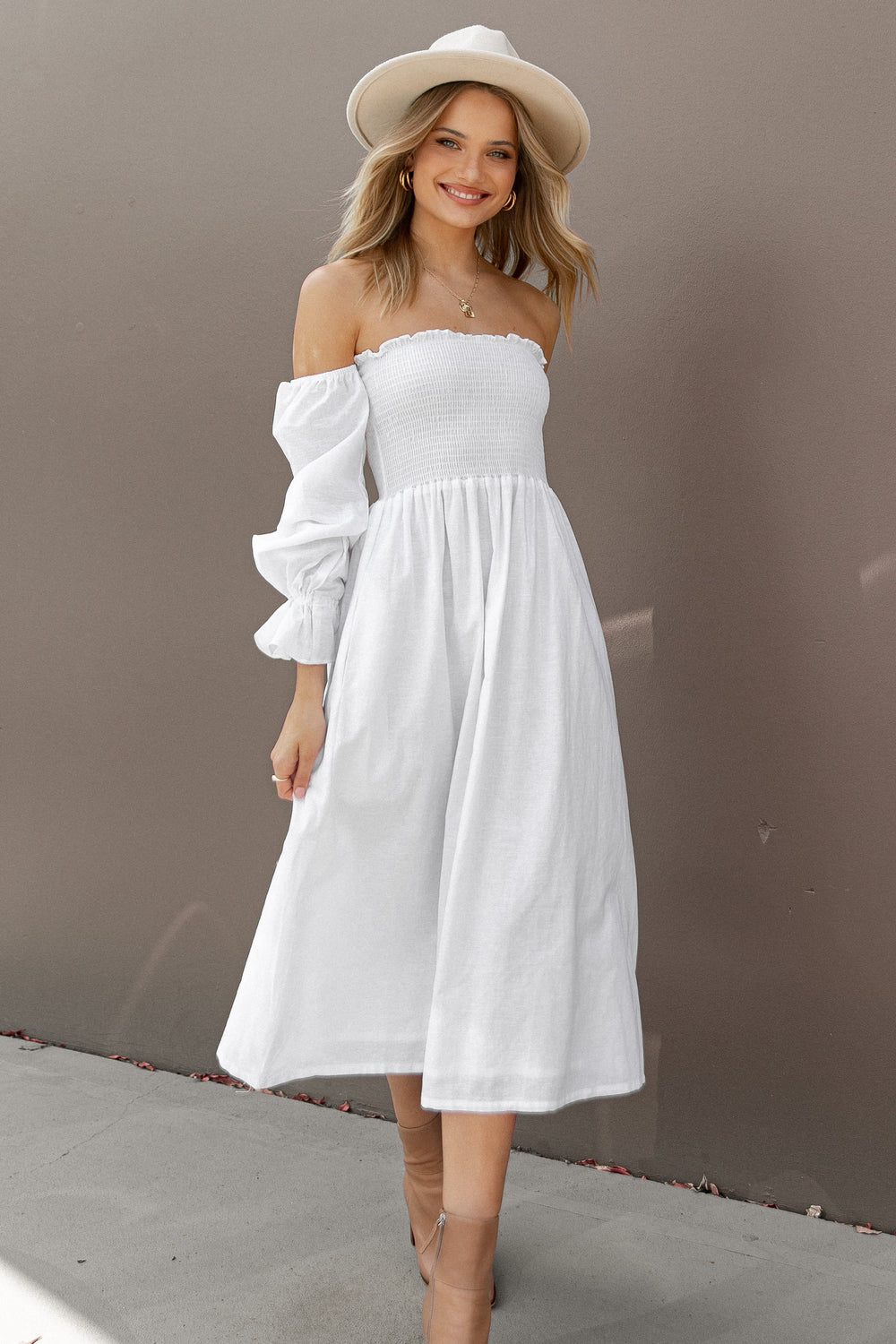 Petal and Pup USA DRESSES Domenica Shirred Long Sleeve Midi Dress - White