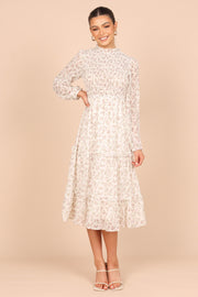 Edwina Shirred Frill Long Sleeve Midi Dress - Cream Floral - Petal & Pup USA