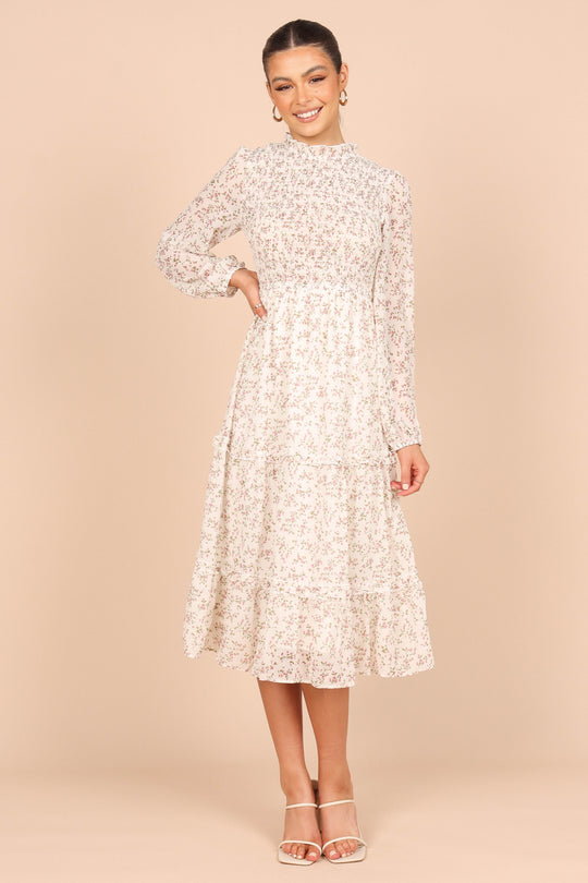 Edwina Shirred Frill Long Sleeve Midi Dress Cream Floral Petal