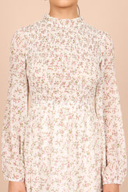 Petal and Pup USA DRESSES Edwina Shirred Frill Long Sleeve Midi Dress - Cream Floral