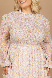 Petal and Pup USA DRESSES Edwina Shirred Frill Long Sleeve Midi Dress - Rose Floral