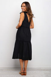 Petal and Pup USA DRESSES Erenda Dress - Black  The easiest v-neck, sleeveless dress with tie top details, the Erenda is perfect for a day date or dinner date. The midi length also offers pockets. This little black dress can be worn with flats or heels and dressed up or dressed down, making it the perfect wardrobe staple. 