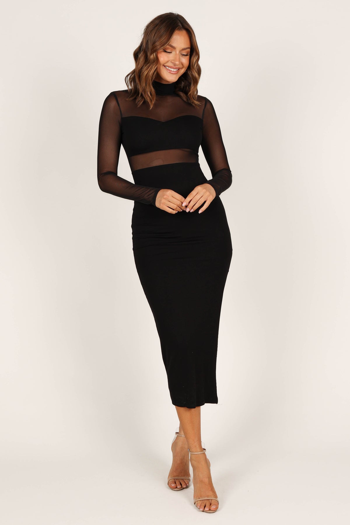 black mesh midi dress long sleeve Mesh Inset Long Sleeve Midi Dress Black