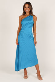 DRESSES @Flin Pleated One Shoulder Midi Dress - Blue