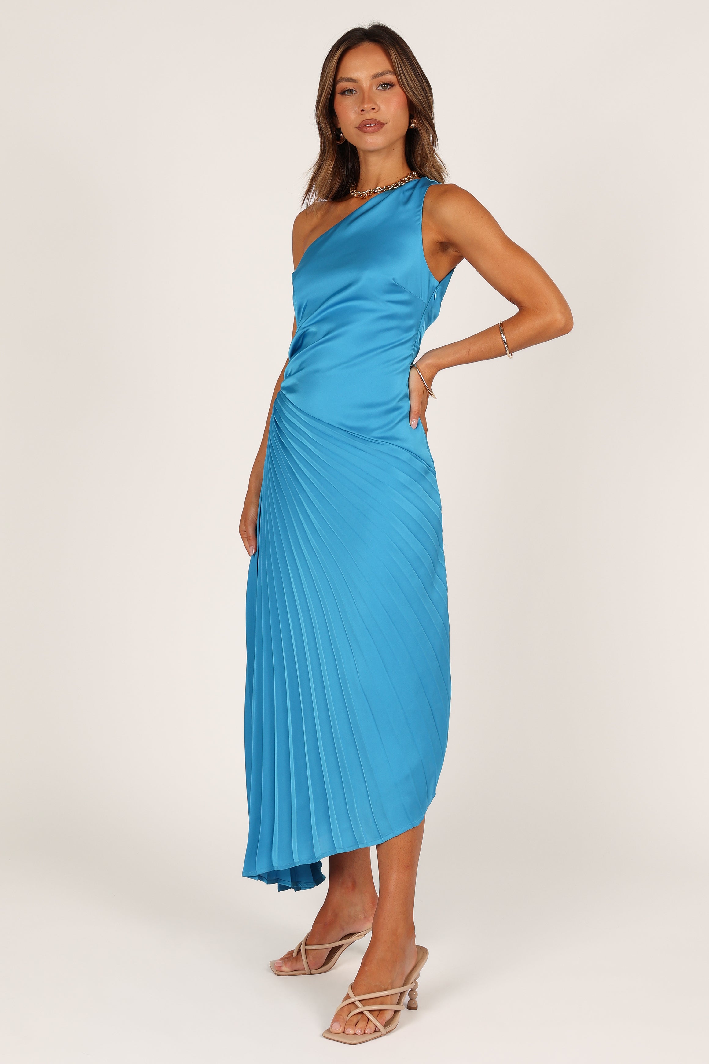 NEW Dusty Blue One-Shoulder Pleated deals Maxi Dress