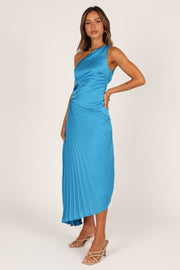 Lovely Endings Dusty Blue One-Shoulder Pleated Maxi Dress