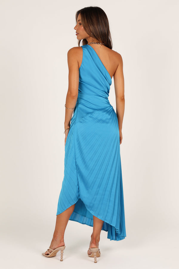 DRESSES @Flin Pleated One Shoulder Midi Dress - Blue