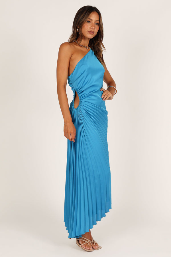 DRESSES @Flin Pleated One Shoulder Midi Dress - Blue