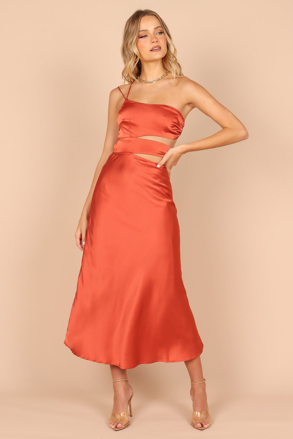 Petal and Pup USA DRESSES Forelle One Shoulder Cut Out Midi Dress - Rust