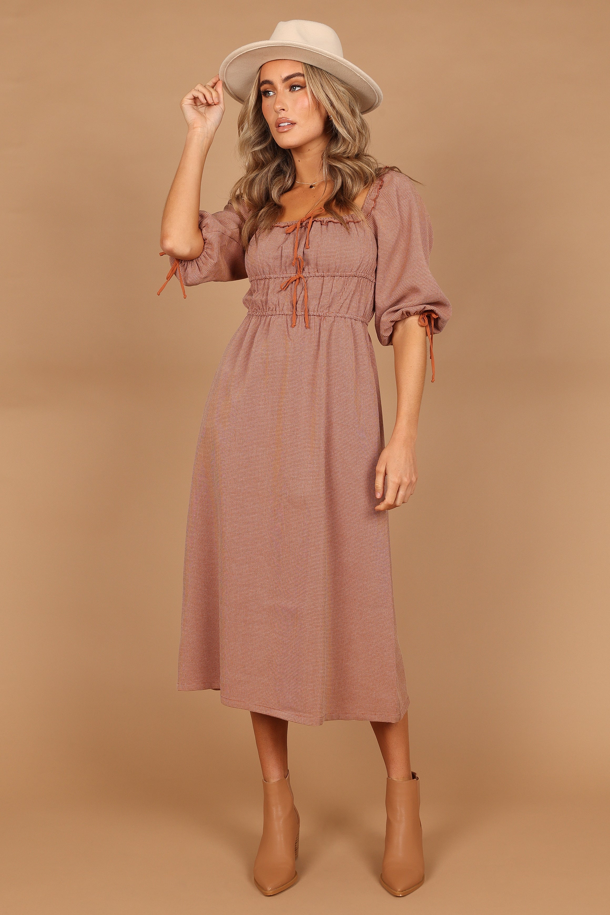 Georgette Puff Sleeve Midi Dress - Brown Check - Petal & Pup USA