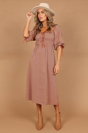 Petal and Pup USA DRESSES Georgette Puff Sleeve Midi Dress - Brown Check