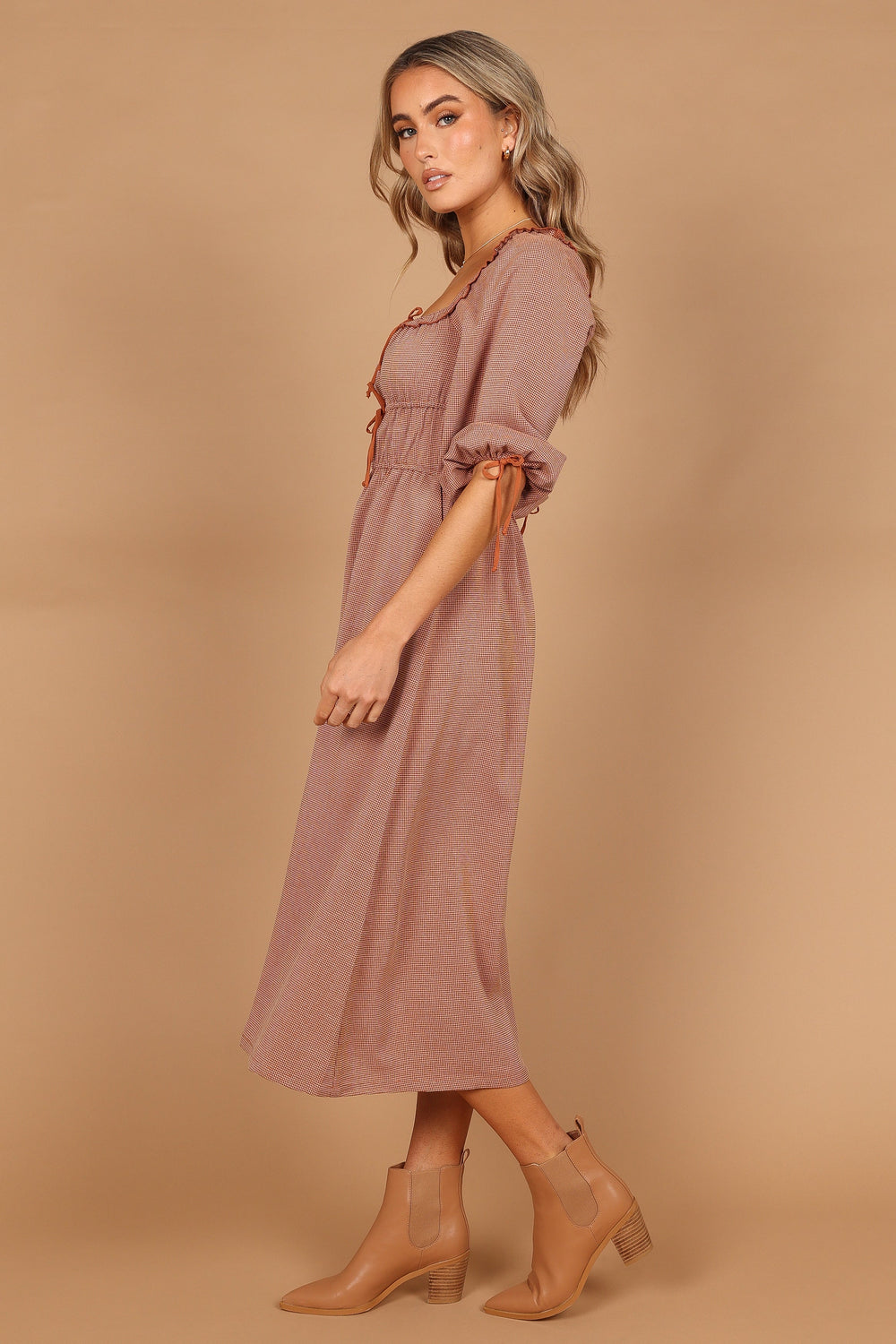 Petal and Pup USA DRESSES Georgette Puff Sleeve Midi Dress - Brown Check