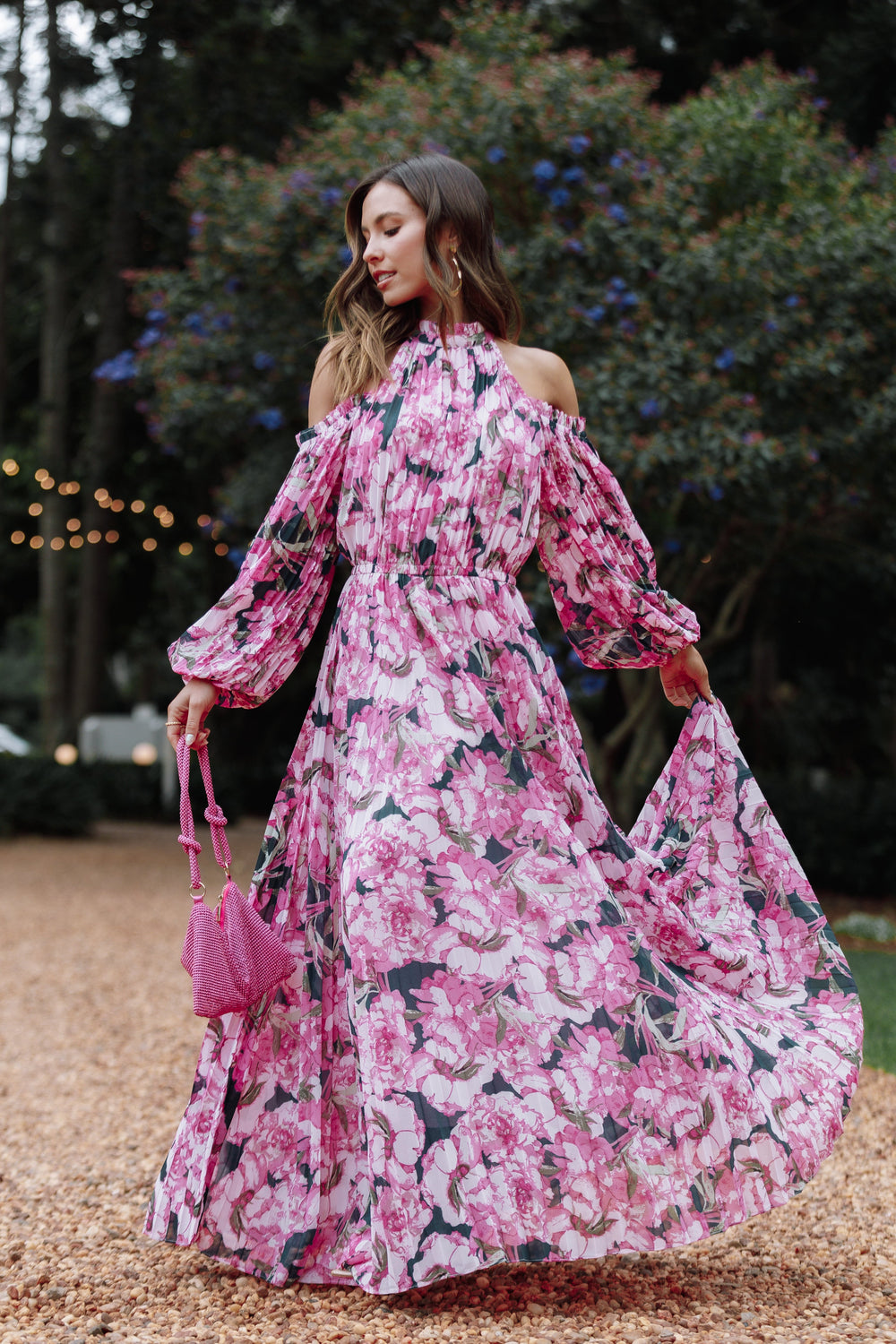 Dresses, Open Back Pleated Halterneck Floral Maxi Dress
