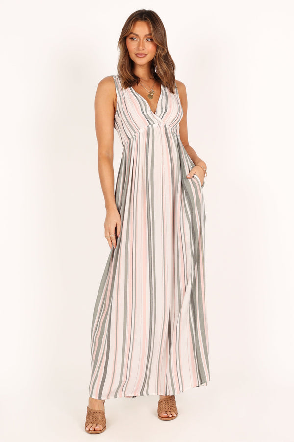 Petal and Pup USA DRESSES Judd V Neck Maxi Dress - Olive Stripe