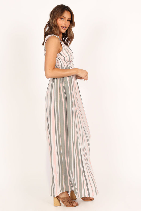 Petal and Pup USA DRESSES Judd V Neck Maxi Dress - Olive Stripe