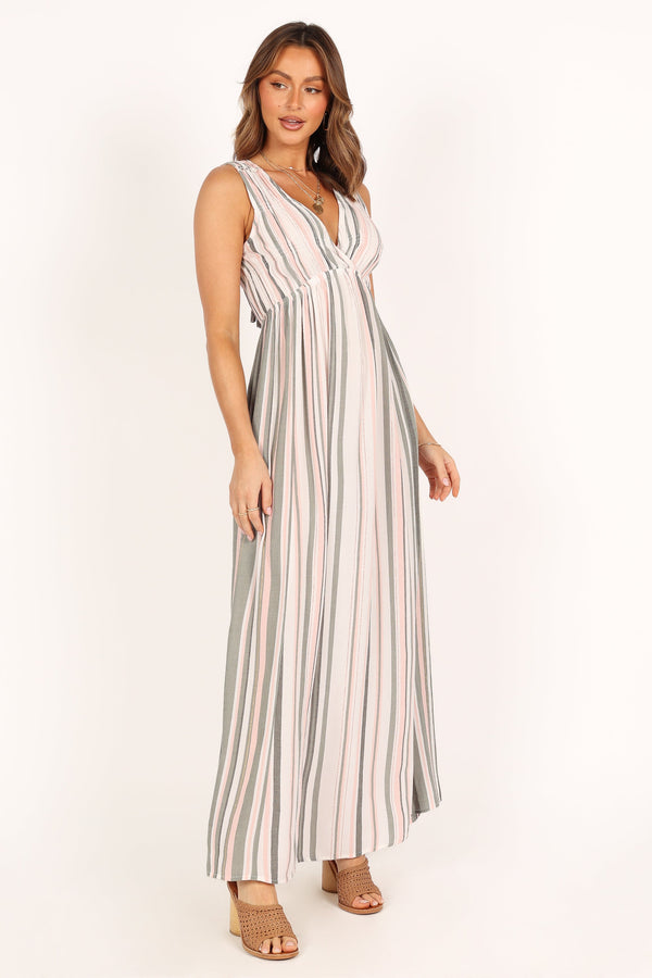 Petal and Pup USA DRESSES Judd V Neck Maxi Dress - Olive Stripe