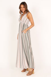 Petal and Pup USA DRESSES Judd V Neck Maxi Dress - Olive Stripe