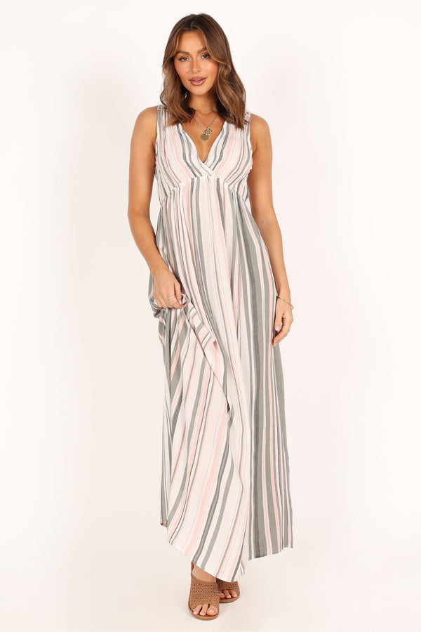 Petal and Pup USA DRESSES Judd V Neck Maxi Dress - Olive Stripe