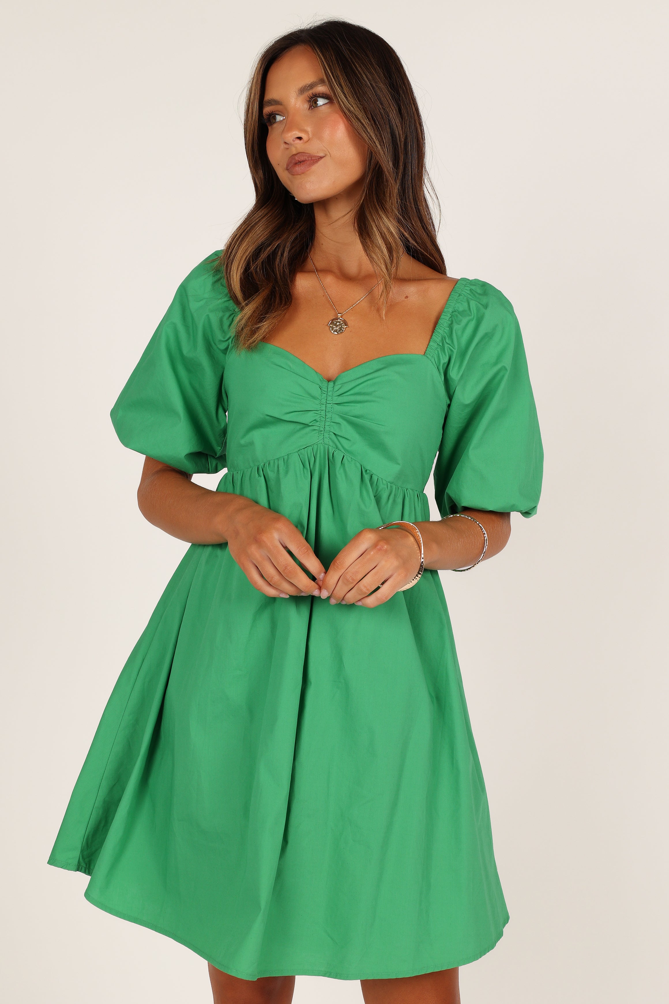 Closet London| Green V-Neck Puff Sleeve Dress