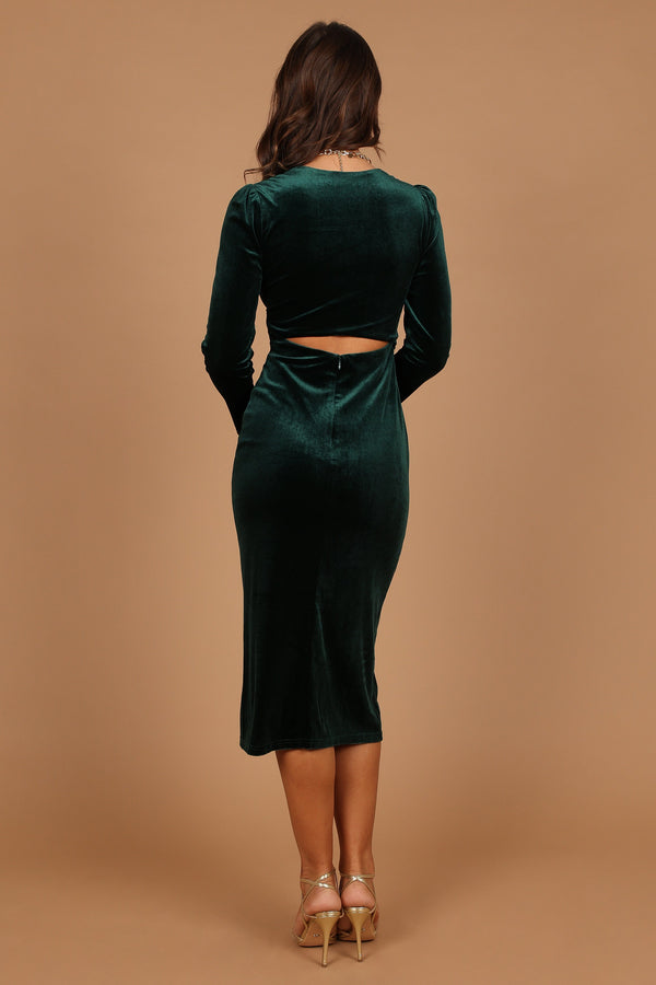 Petal and Pup USA DRESSES Lisse Twist Front Long Sleeve Velvet Midi Dress - Emerald