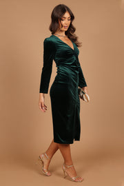 Petal and Pup USA DRESSES Lisse Twist Front Long Sleeve Velvet Midi Dress - Emerald