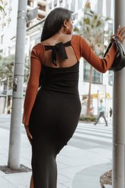 Petal and Pup USA DRESSES Luxxe Long Sleeve Maxi Knit Dress - Black/Tan