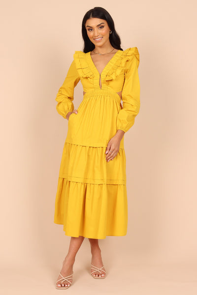 Mariga Long Sleeve Frill Shoulder Midi Dress - Marigold - Petal