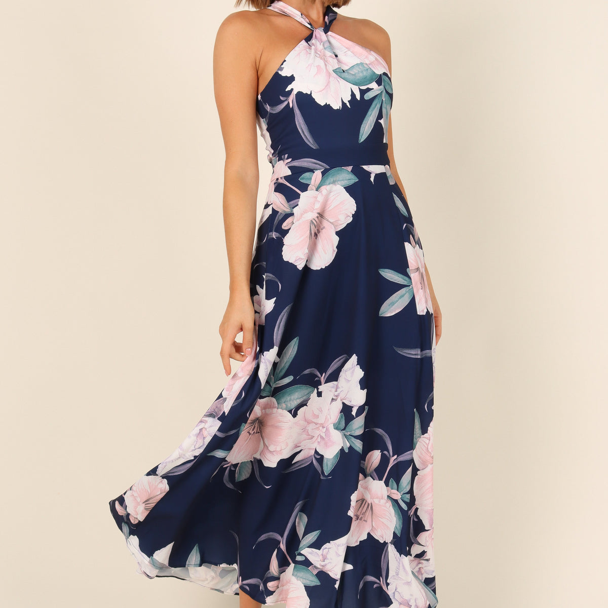 green emerald velvet dress Navy Halter Neck Maxi Dress with Open Back main image 1