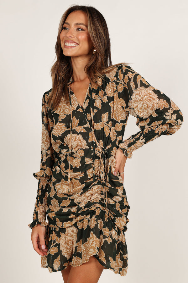 Petal and Pup USA DRESSES Micha Ruched High Neck Mini Dress - Pine/Gold