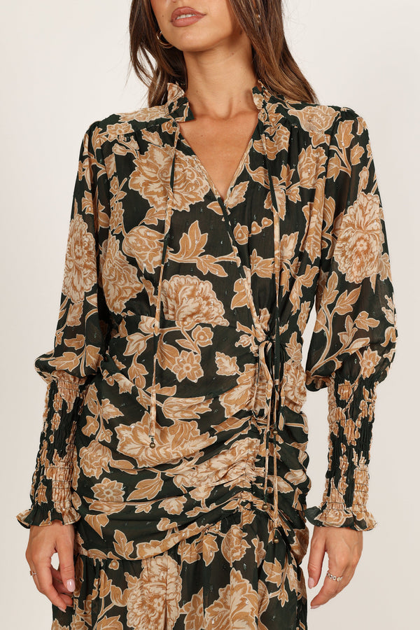 Petal and Pup USA DRESSES Micha Ruched High Neck Mini Dress - Pine/Gold