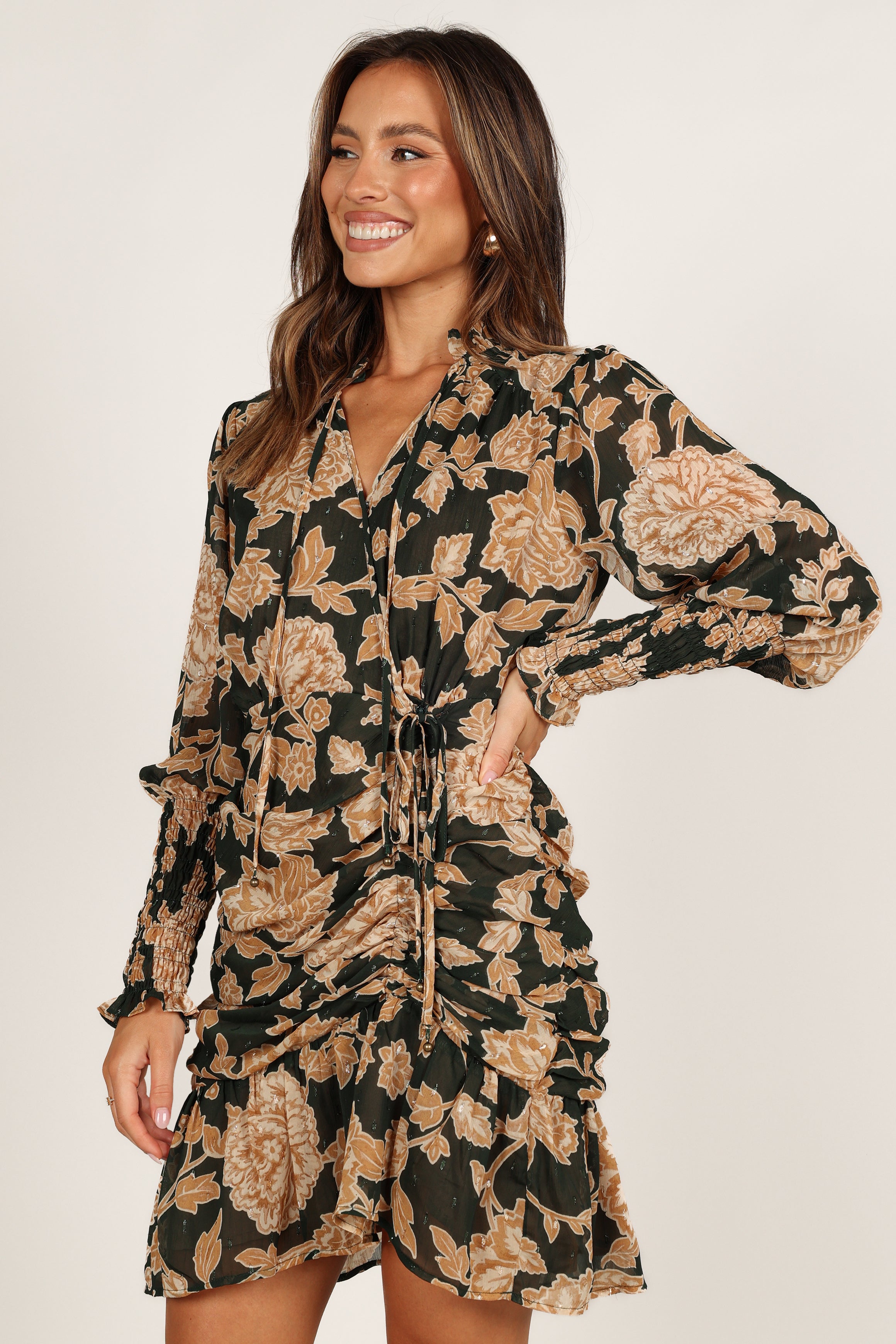 Petal and Pup USA DRESSES Micha Ruched High Neck Mini Dress - Pine/Gold