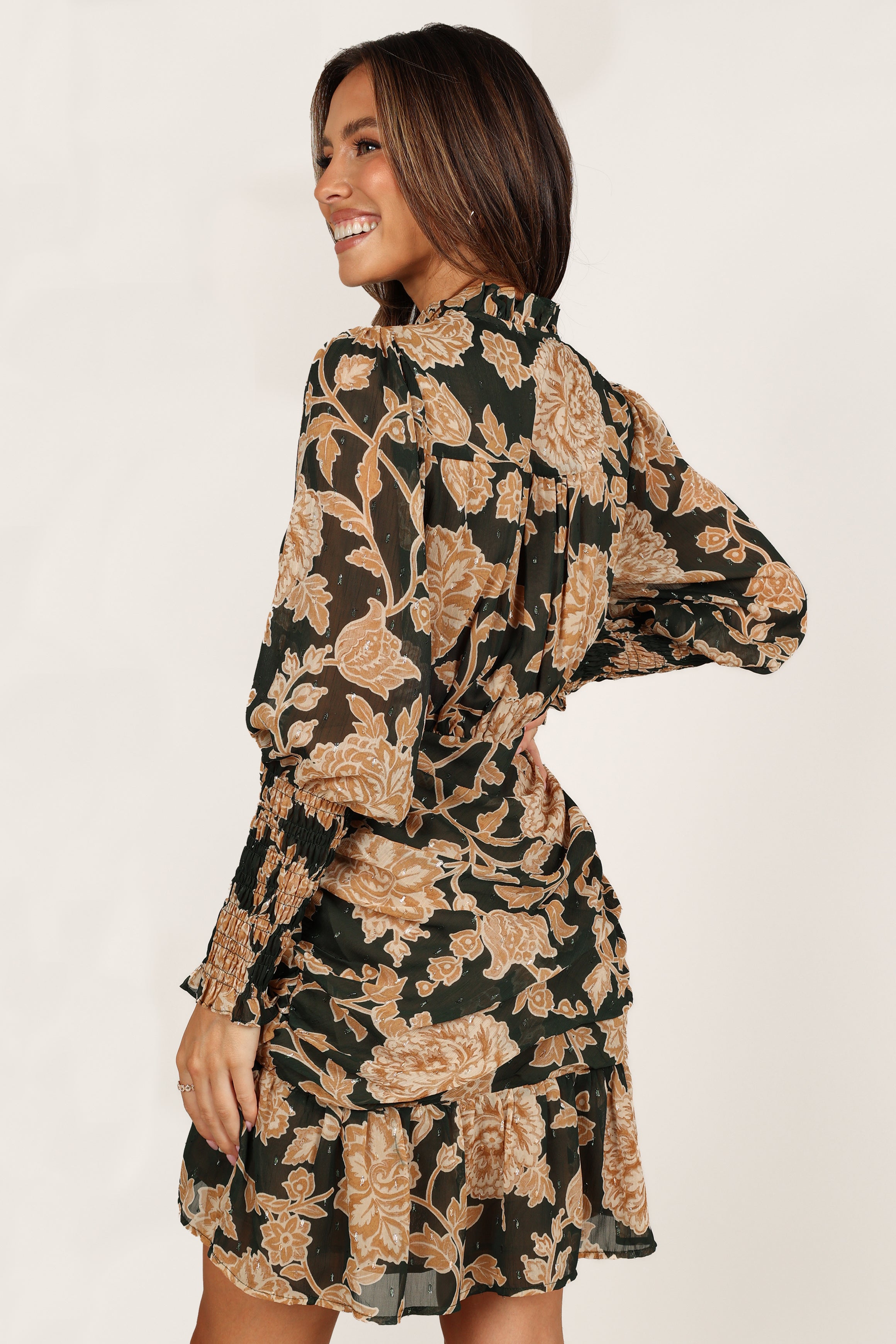 Petal and Pup USA DRESSES Micha Ruched High Neck Mini Dress - Pine/Gold